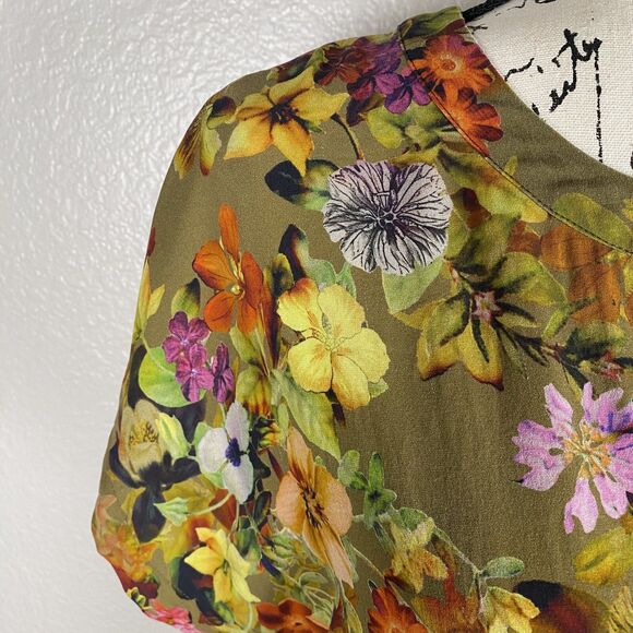 Banana Republic Sz M Short-Sleeve Silk Blend Blouse Olive Green Floral Stretch - Picture 2 of 8